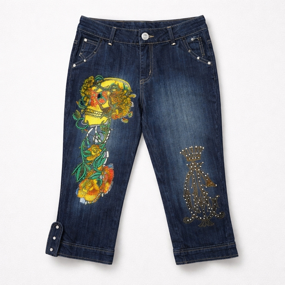 Christian Audigier Embellished Capri Jeans Women's Size 27 Rhinestone Y2K